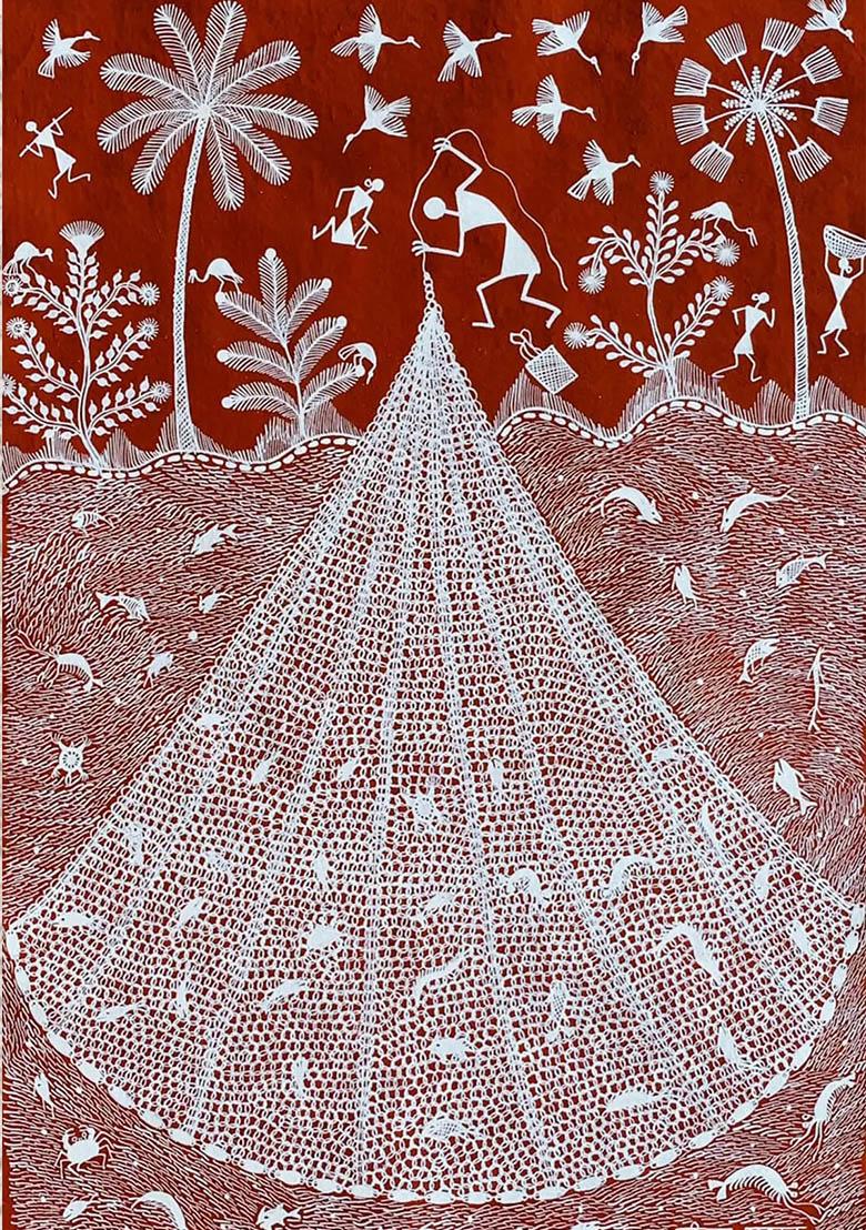 Fishing Net Warli Painting Traditional Tribal Art of Marine Life