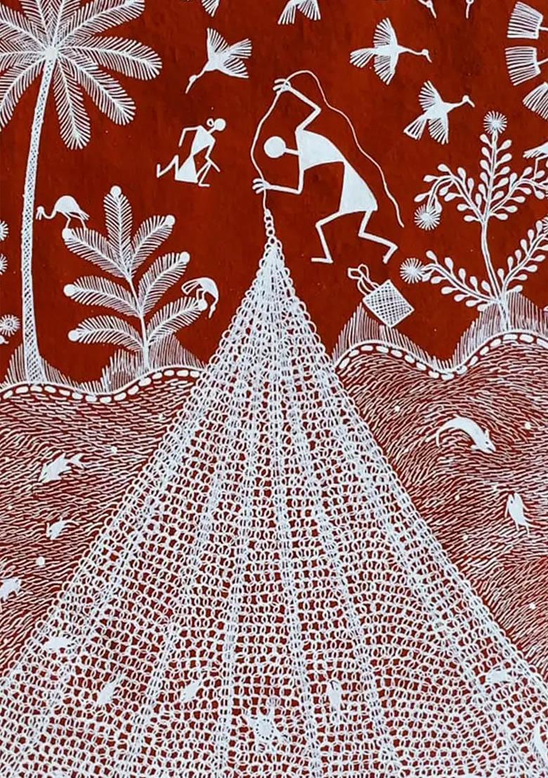 Fishing Net Warli Painting Traditional Tribal Art of Marine Life