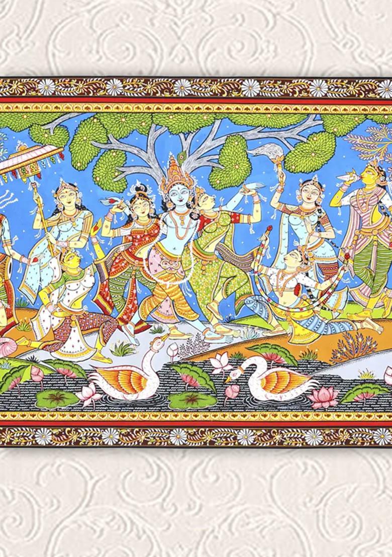Lord Krishna with Gopikas Celebration Scene in Traditional Patachitra Painting