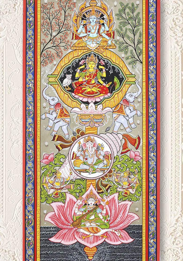 Vishnu Gajalakshmi Ganesha and Saraswati Traditional Patachitra Painting of Divine Blessings
