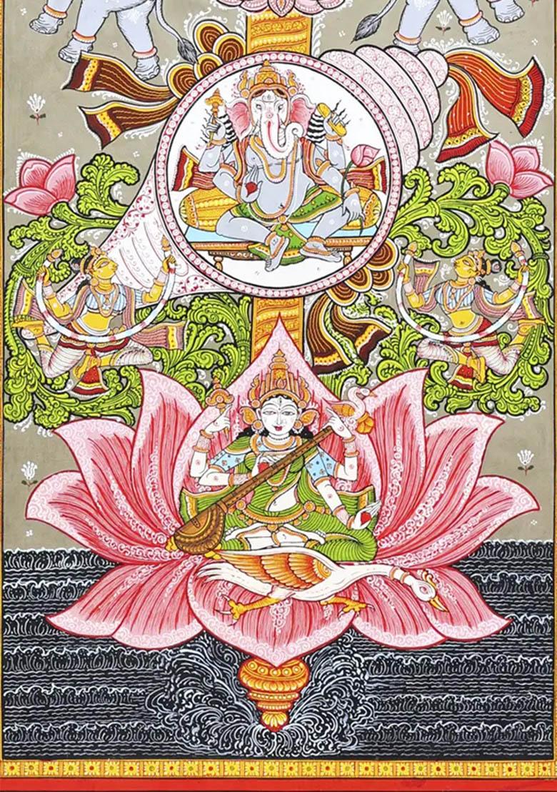 Vishnu Gajalakshmi Ganesha and Saraswati Traditional Patachitra Painting of Divine Blessings