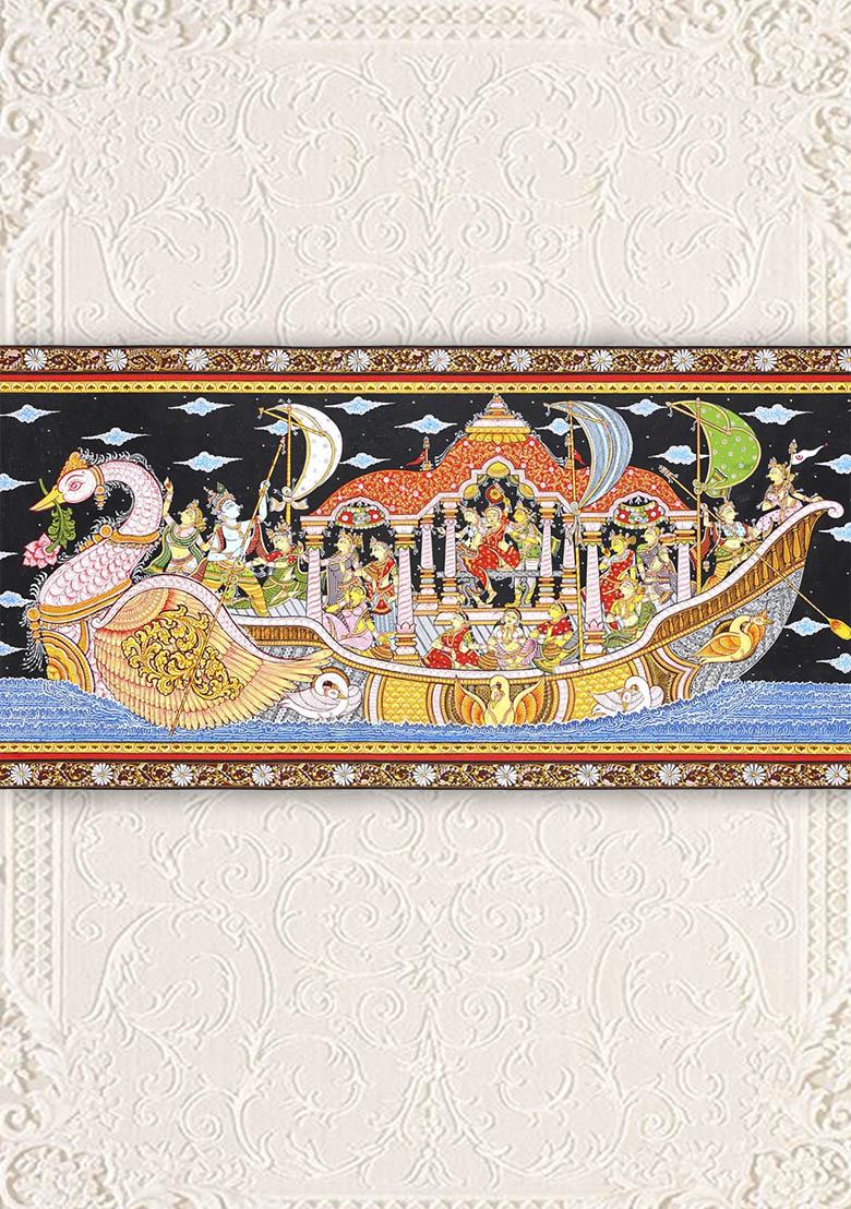 Nauka Vihar Radha Krishna on Boat with Gopikas in Traditional Patachitra Painting