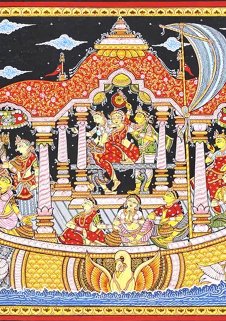 Nauka Vihar Radha Krishna on Boat with Gopikas in Traditional Patachitra Painting