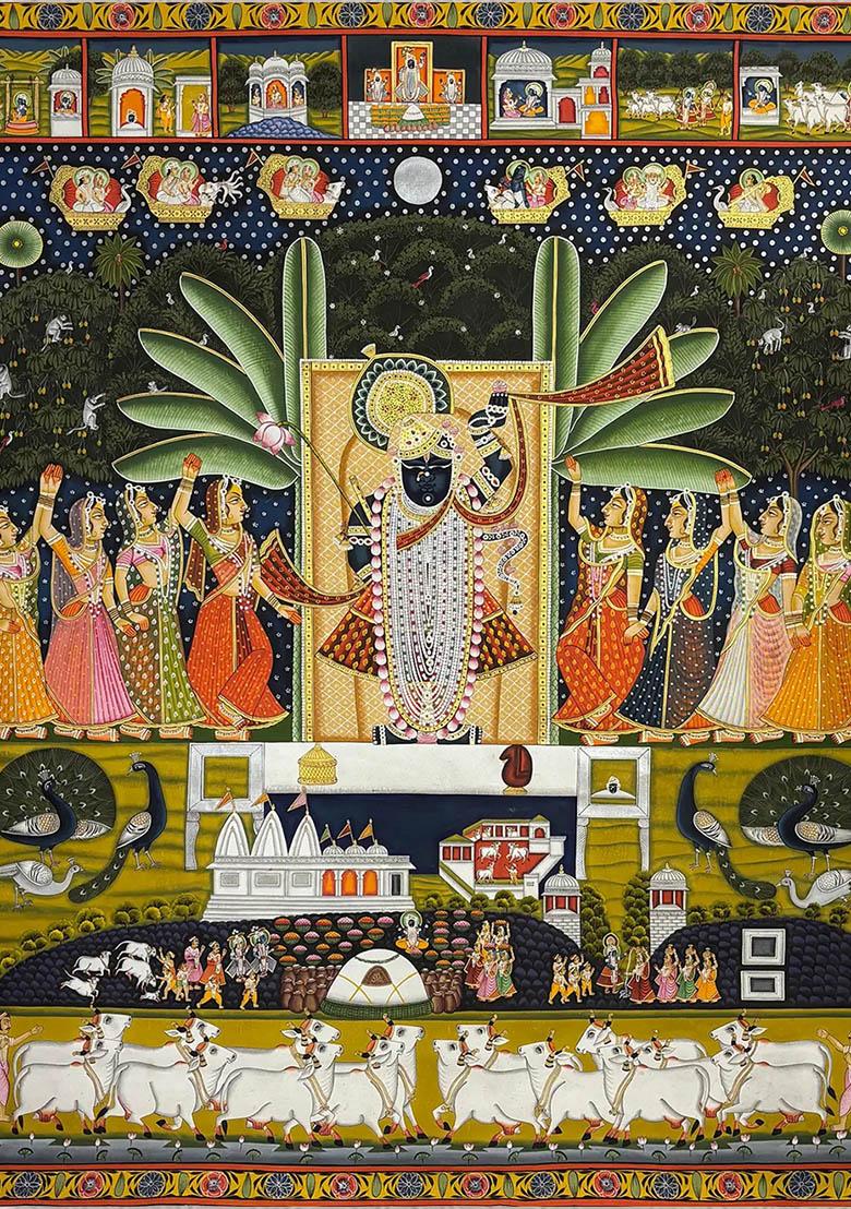 Lord Shrinathji with Gopis Traditional Pichwai Painting of Devotion and Harmony