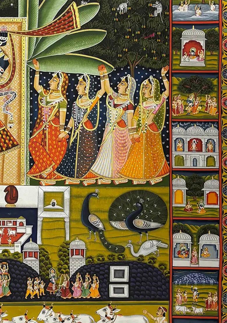 Lord Shrinathji with Gopis Traditional Pichwai Painting of Devotion and Harmony