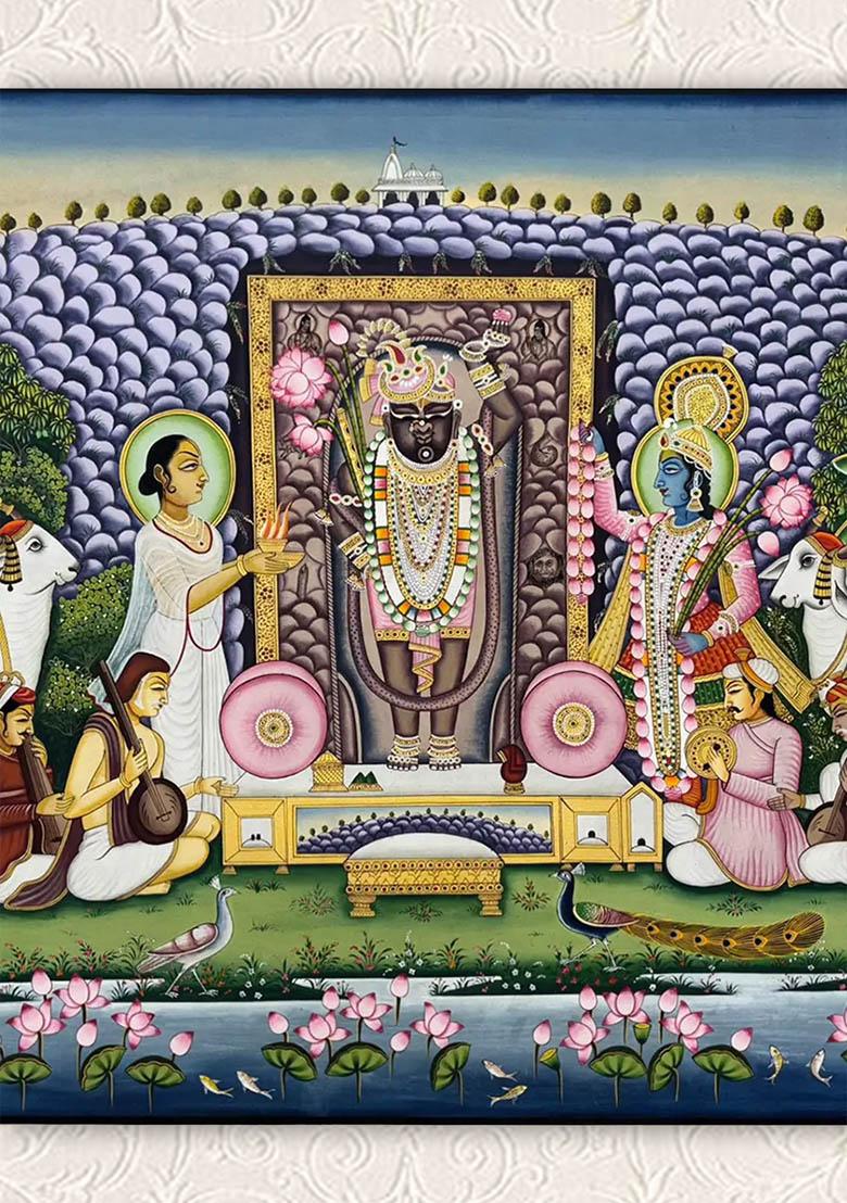 Lord Krishna as Shrinathji Traditional Pichwai Painting of Divine Grace