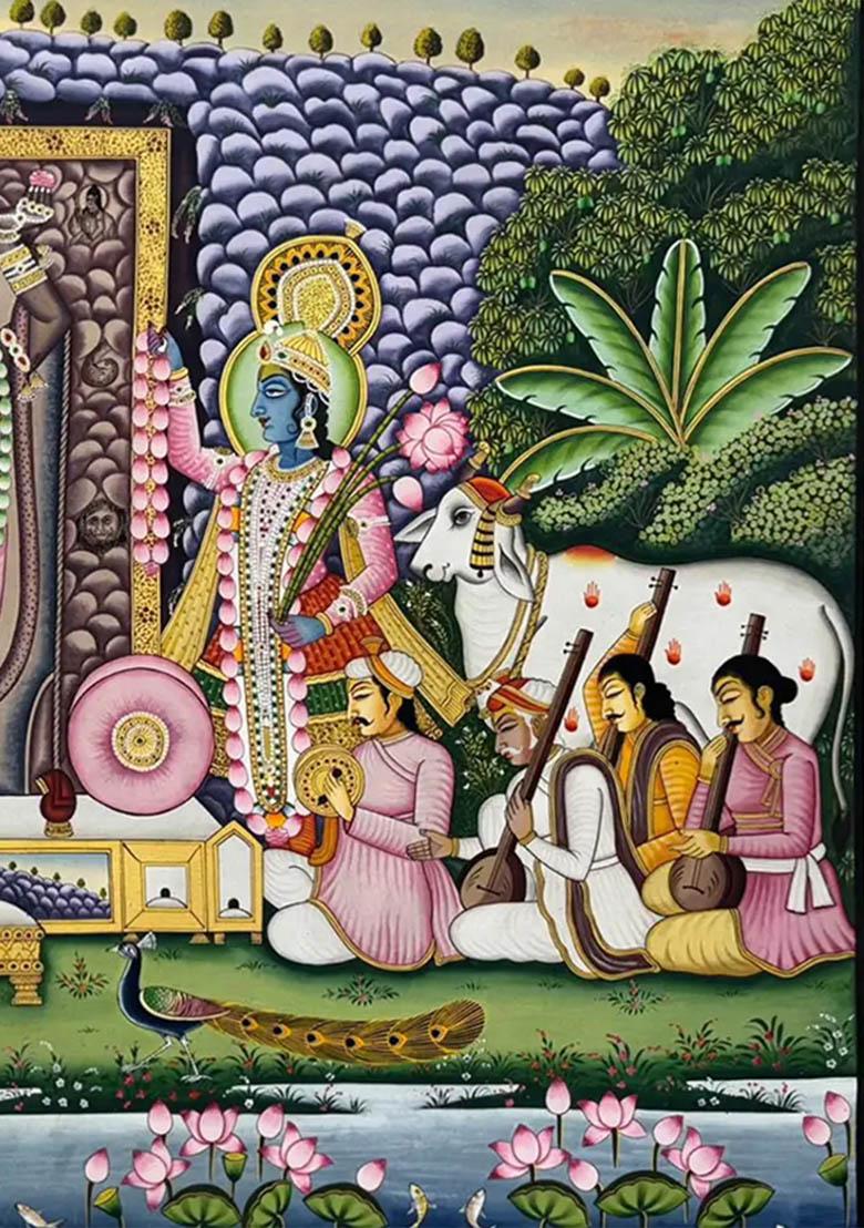 Lord Krishna as Shrinathji Traditional Pichwai Painting of Divine Grace