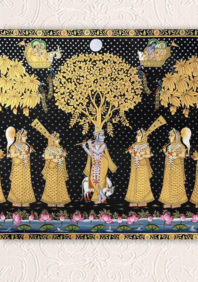 Lord Krishna Playing Flute with Gopi Traditional Pichwai Painting of Divine Love
