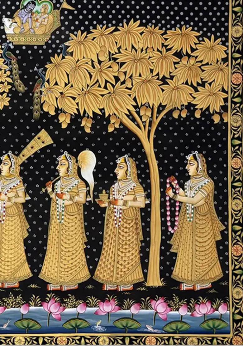 Lord Krishna Playing Flute with Gopi Traditional Pichwai Painting of Divine Love