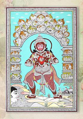 Standing Lord Hanuman with Ramayana Episodes Traditional Indian Painting of Strength and Devotion