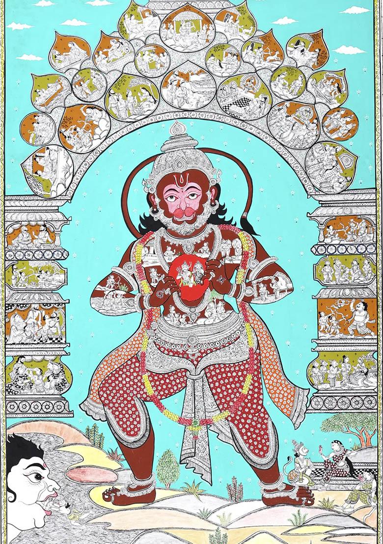 Standing Lord Hanuman with Ramayana Episodes Traditional Indian Painting of Strength and Devotion