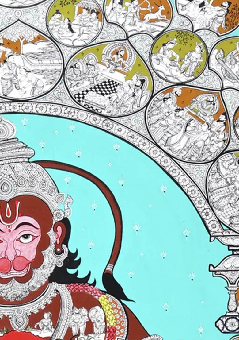 Standing Lord Hanuman with Ramayana Episodes Traditional Indian Painting of Strength and Devotion