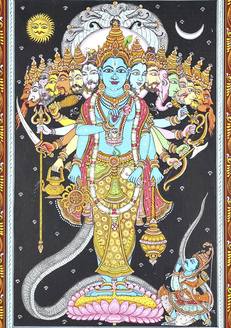 Lord Krishna Revealing Vishvarupa to Arjuna Traditional Indian Painting of Divine Revelation