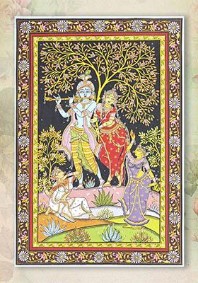 Radha Krishna’s Divine Moment Traditional Indian Painting of Eternal Love