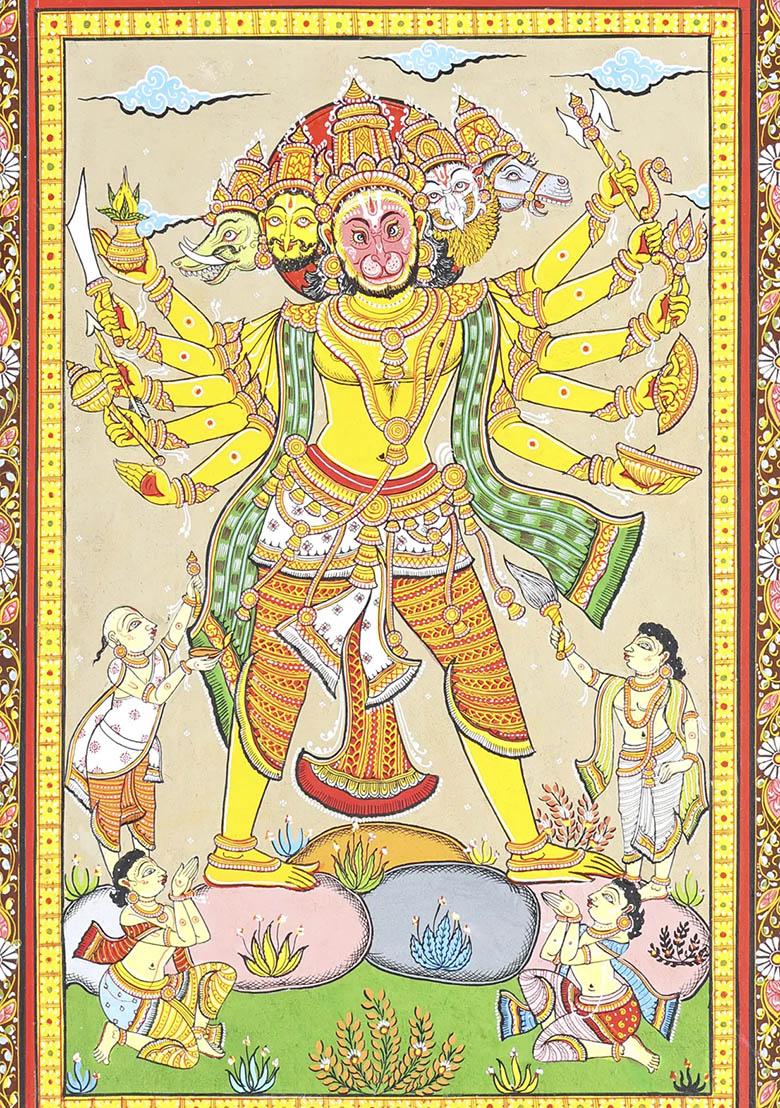 Ten Armed Panchmukhi Lord Hanuman Traditional Indian Painting of Strength and Protection