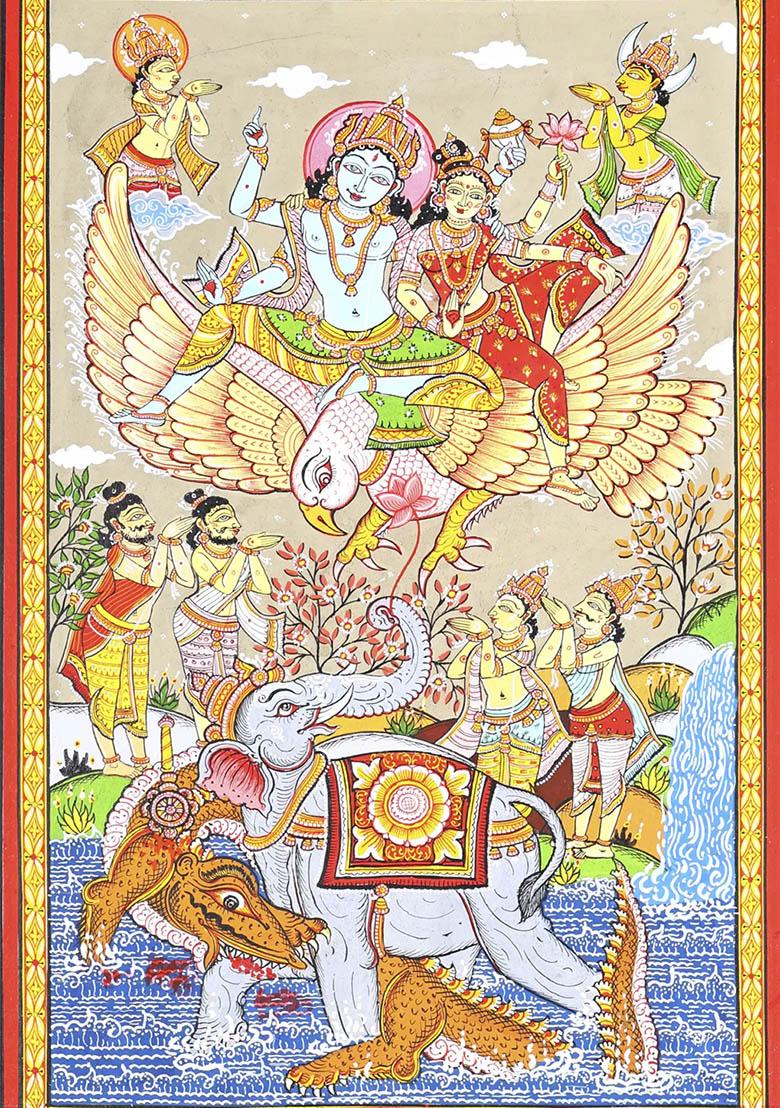 Gajendra Moksha Traditional Indian Painting of Divine Rescue and Liberation