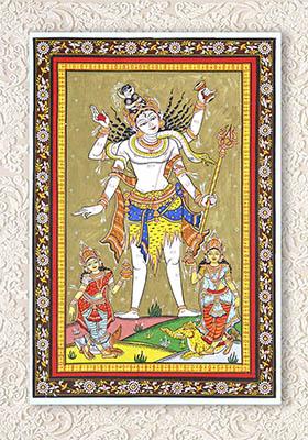 Standing Lord Shiva with Devi Ganga and Yamuna Traditional Indian Painting of Divine Harmony