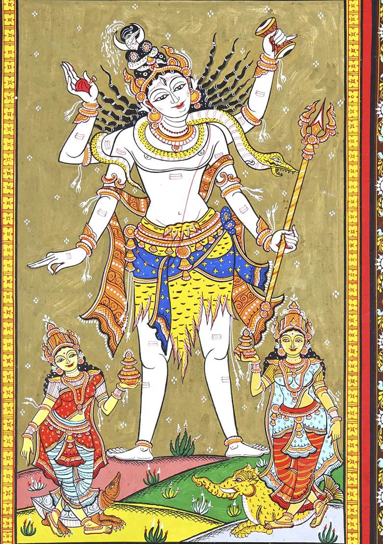 Standing Lord Shiva with Devi Ganga and Yamuna Traditional Indian Painting of Divine Harmony