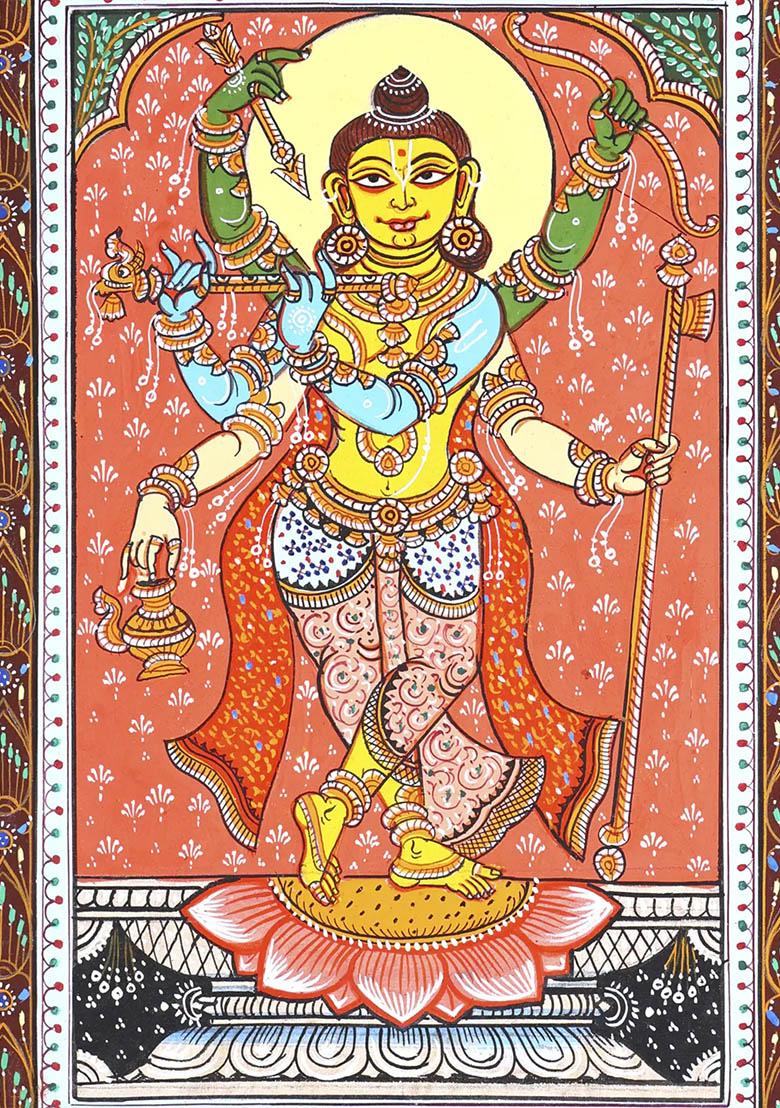 Lord Krishna in Composite Form with Rama and Parashurama Traditional Indian Painting of Divine Unity