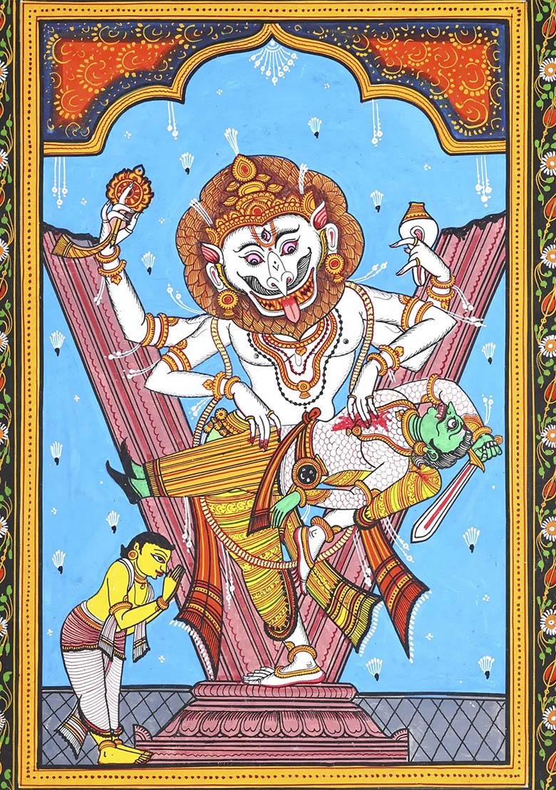 Lord Narasimha Killing Hiranyakashipu Traditional Indian Painting of Divine Justice