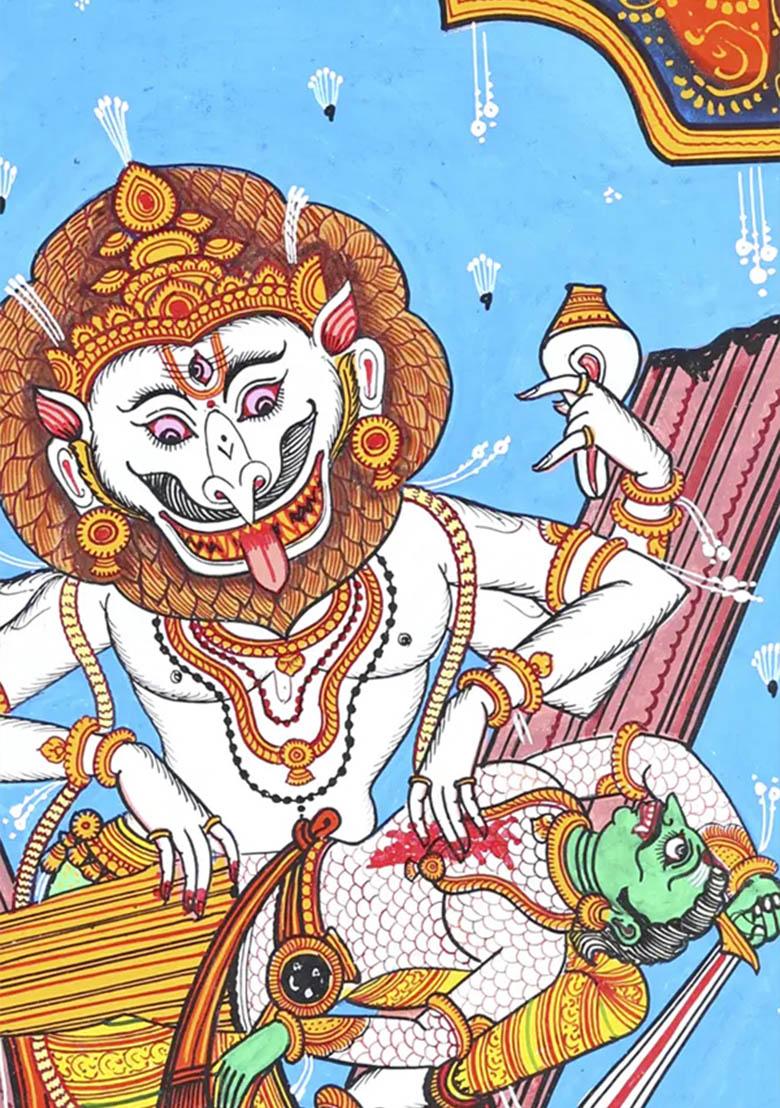 Lord Narasimha Killing Hiranyakashipu Traditional Indian Painting of Divine Justice