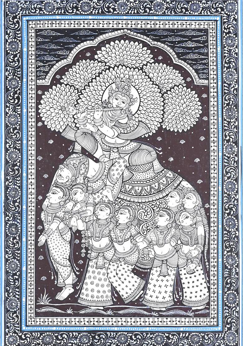 Lord Krishna on Pashu Kunjar Traditional Indian Painting of Divine Harmony