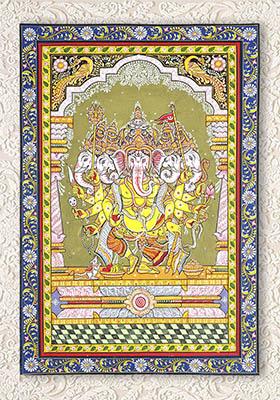 Dancing Panchmukhi Lord Ganesha Traditional Indian Painting of Joy and Divine Power