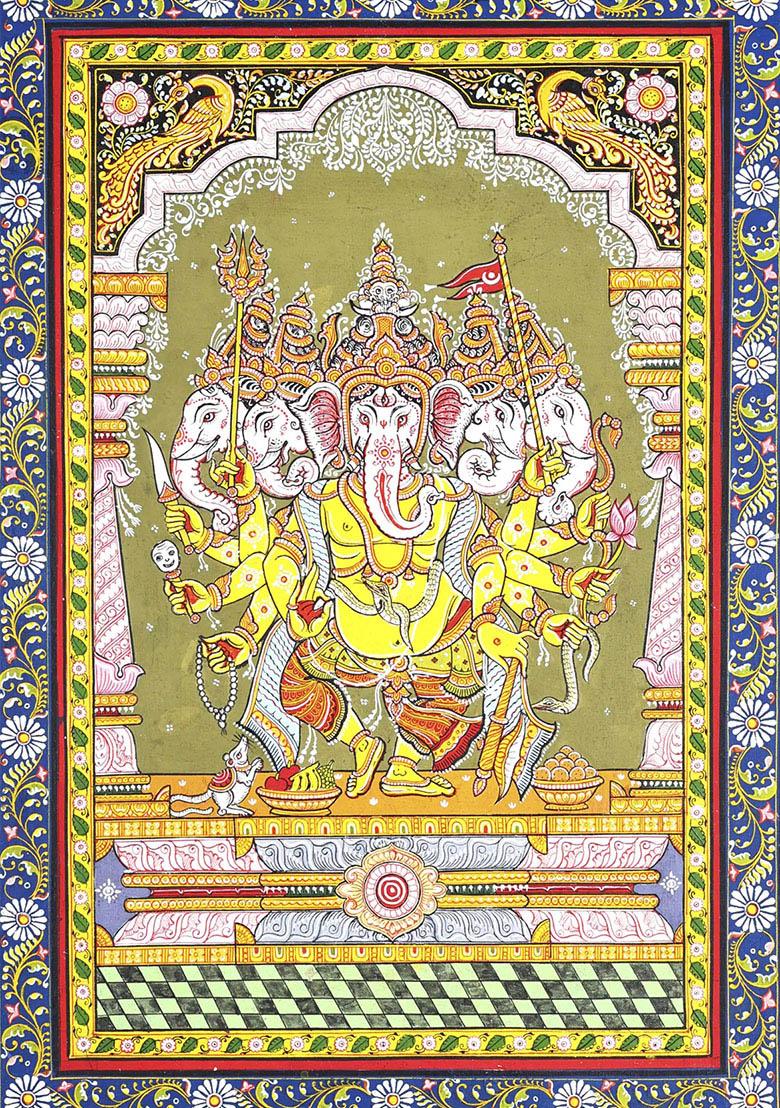 Dancing Panchmukhi Lord Ganesha Traditional Indian Painting of Joy and Divine Power