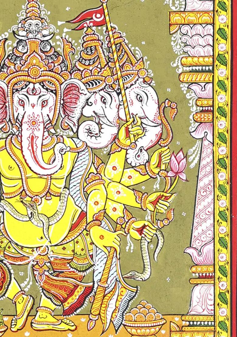 Dancing Panchmukhi Lord Ganesha Traditional Indian Painting of Joy and Divine Power