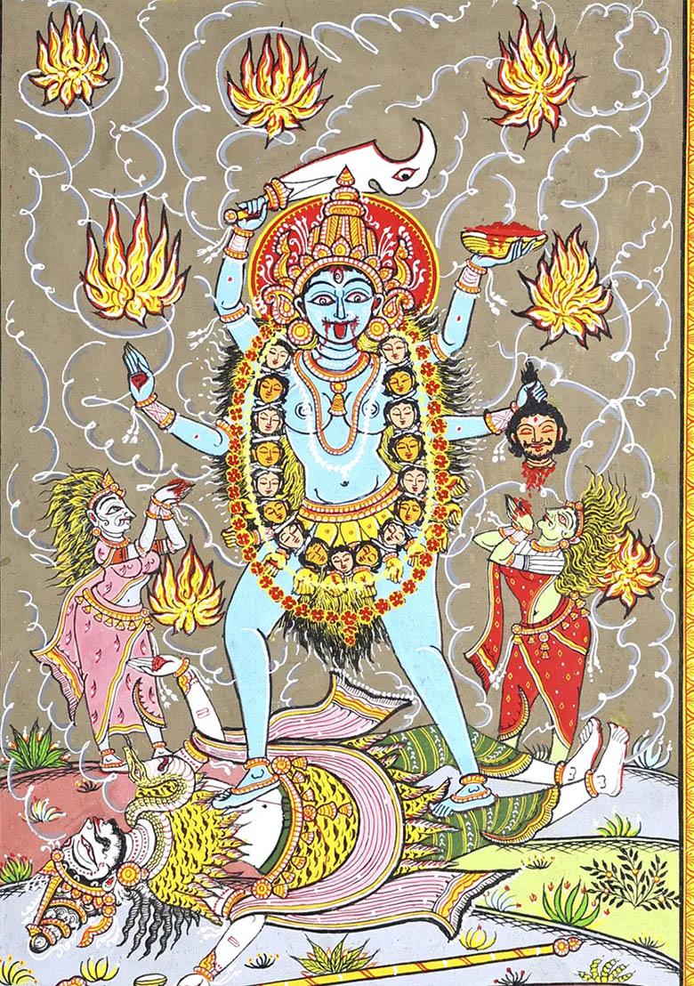 Goddess Kali Standing on Lord Shiva Traditional Indian Painting of Divine Power and Transformation