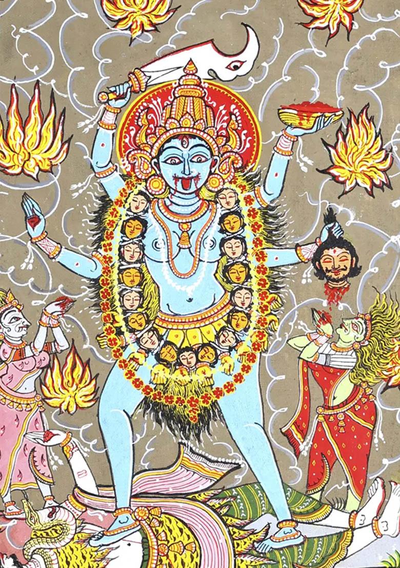 Goddess Kali Standing on Lord Shiva Traditional Indian Painting of Divine Power and Transformation
