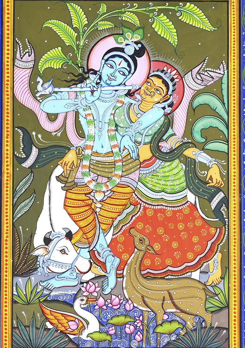 Fluting Radha Krishna Traditional Indian Painting of Divine Love and Harmony
