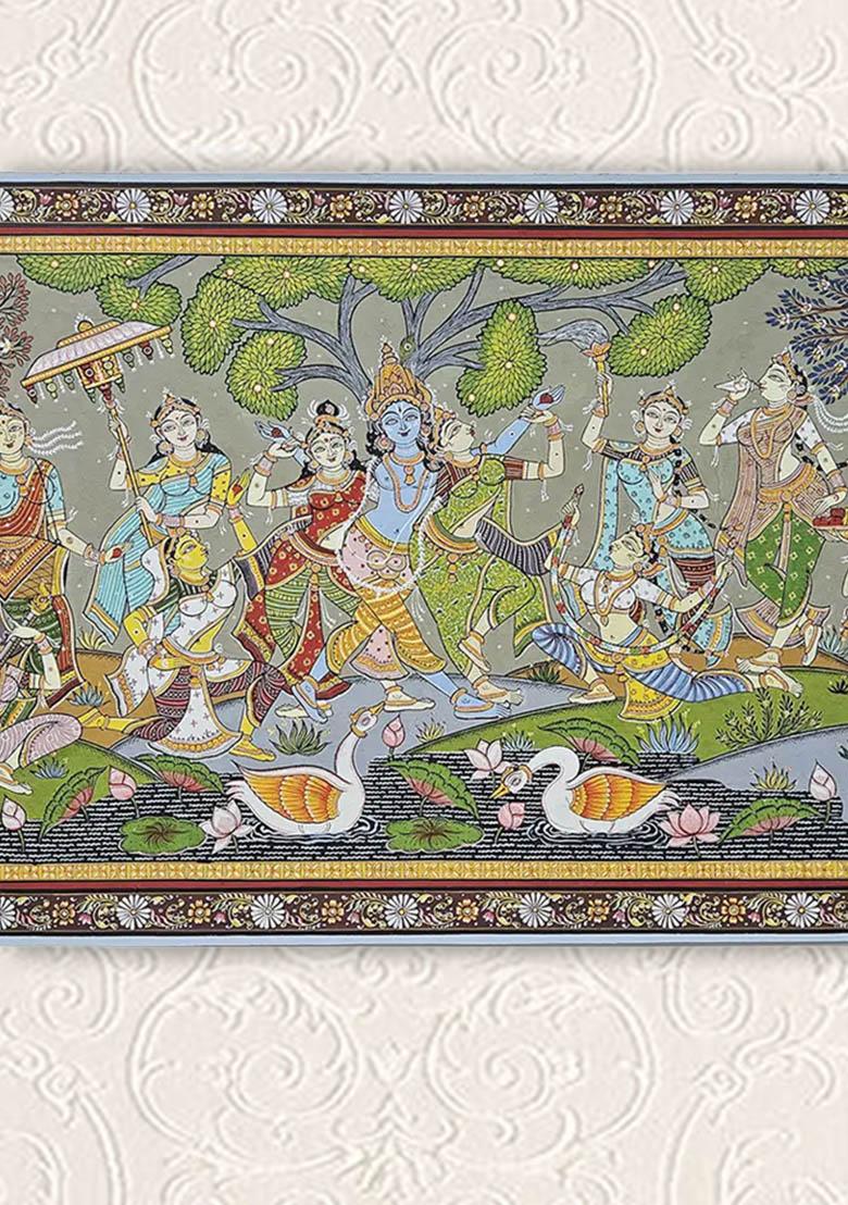 Patachitra Painting Radha Krishna with Gopis Traditional Indian Art