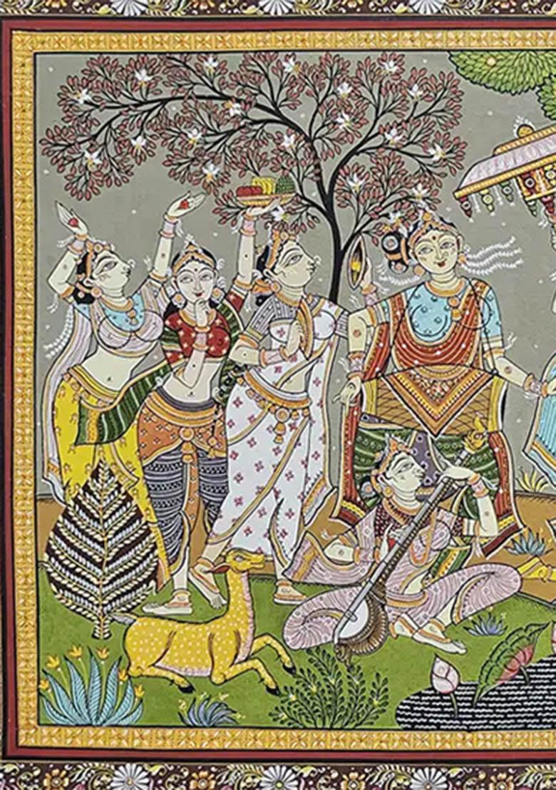 Patachitra Painting Radha Krishna with Gopis Traditional Indian Art
