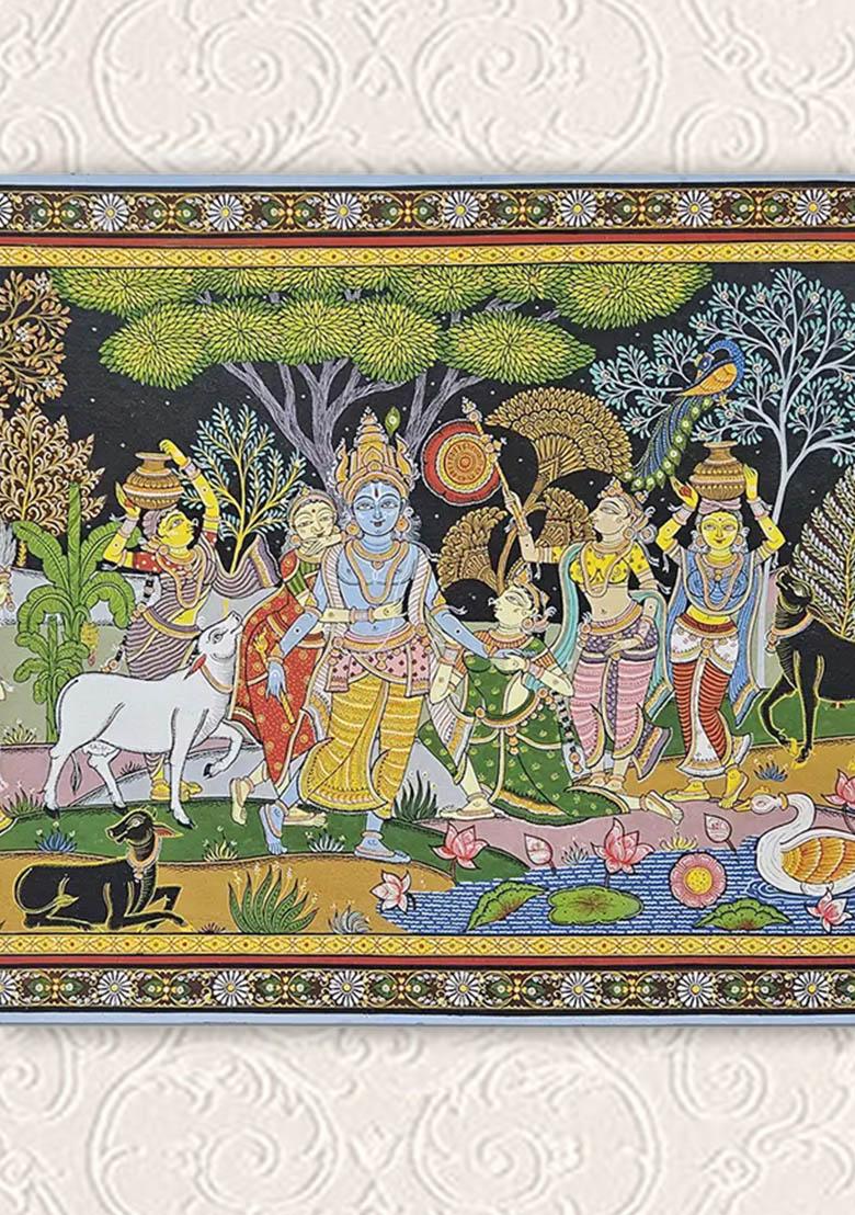 Krishna Rasleela with Radha and Gopis Patachitra Painting