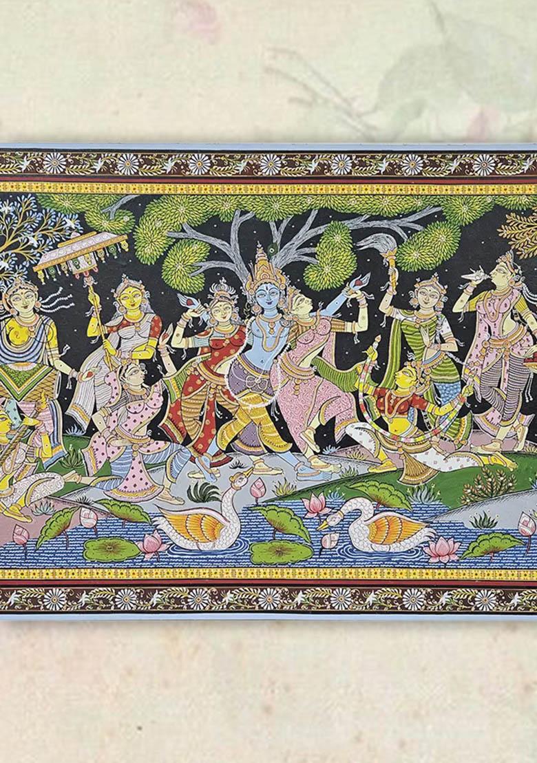 Radha and Krishna with Gopis in Vrindavan Patachitra Painting