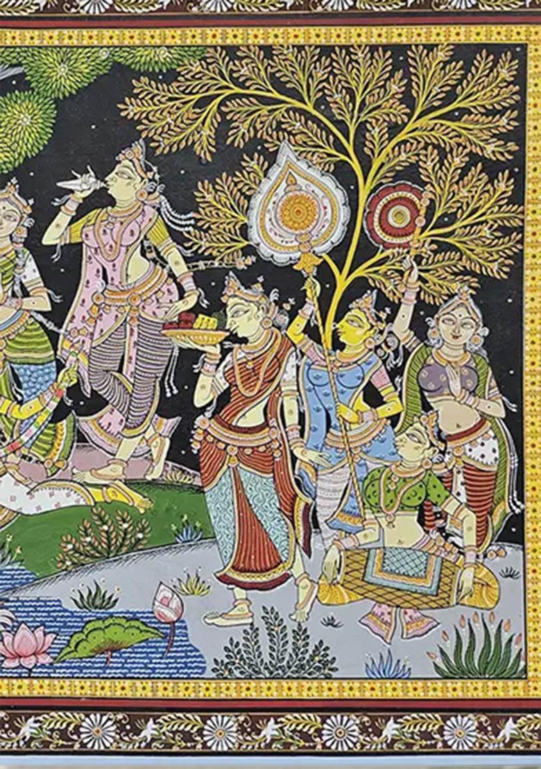 Radha and Krishna with Gopis in Vrindavan Patachitra Painting