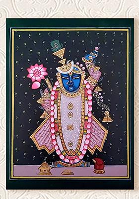Elegant Shrinathji with Flute and Lotus Exquisite Pichwai Painting