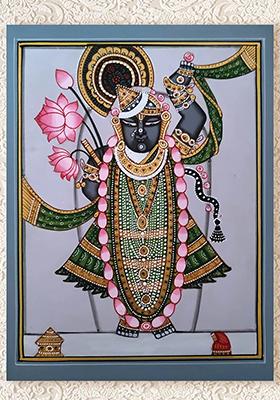 Divine Shrinathji Adorned in Garlands and Ornaments Pichwai Art Masterpiece