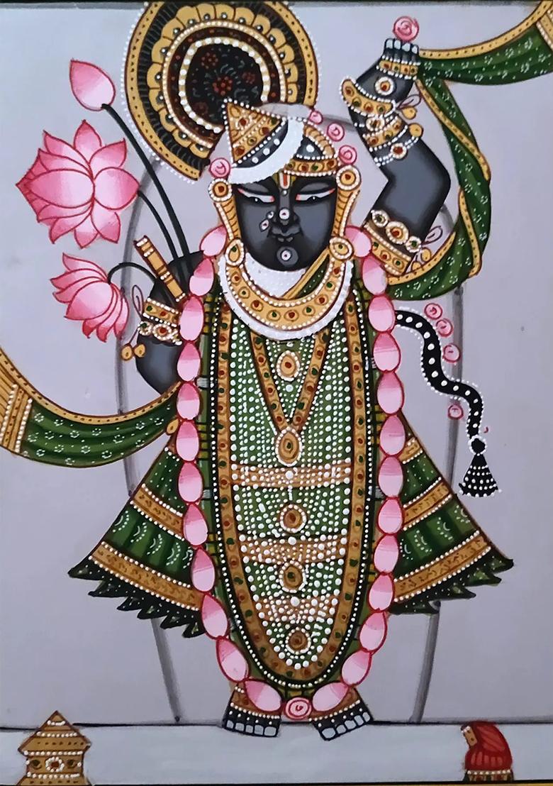 Divine Shrinathji Adorned in Garlands and Ornaments Pichwai Art Masterpiece