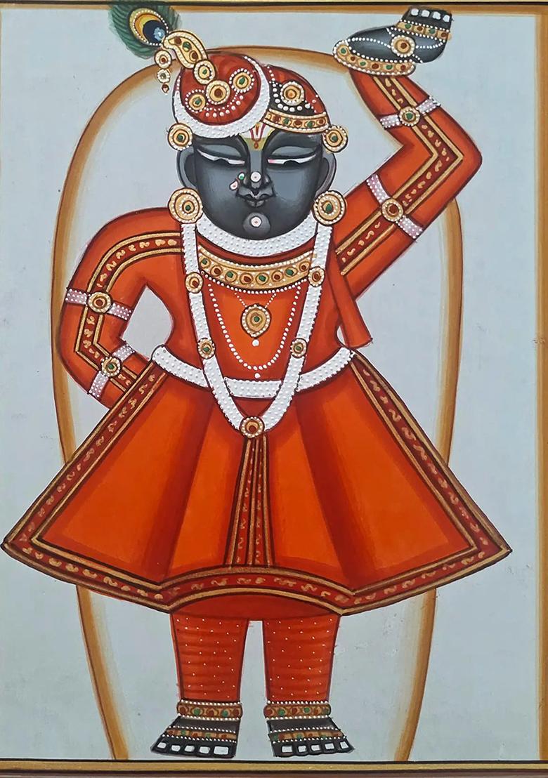 Vibrant Majesty of Lord Shrinathji A Pichwai Painting in Orange