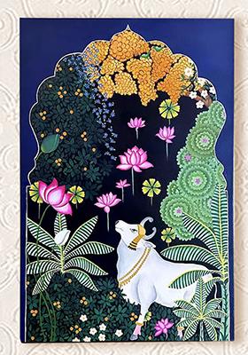 Serene Cow in Floral Grove Traditional Pichwai Painting