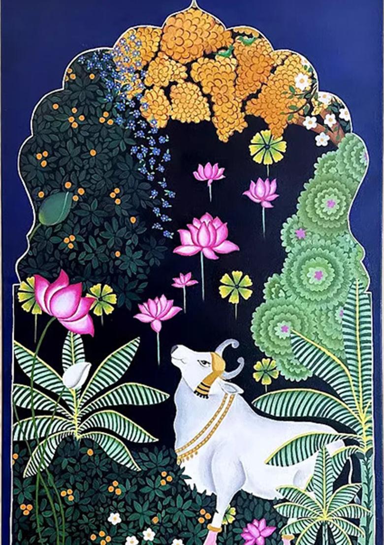 Serene Cow in Floral Grove Traditional Pichwai Painting
