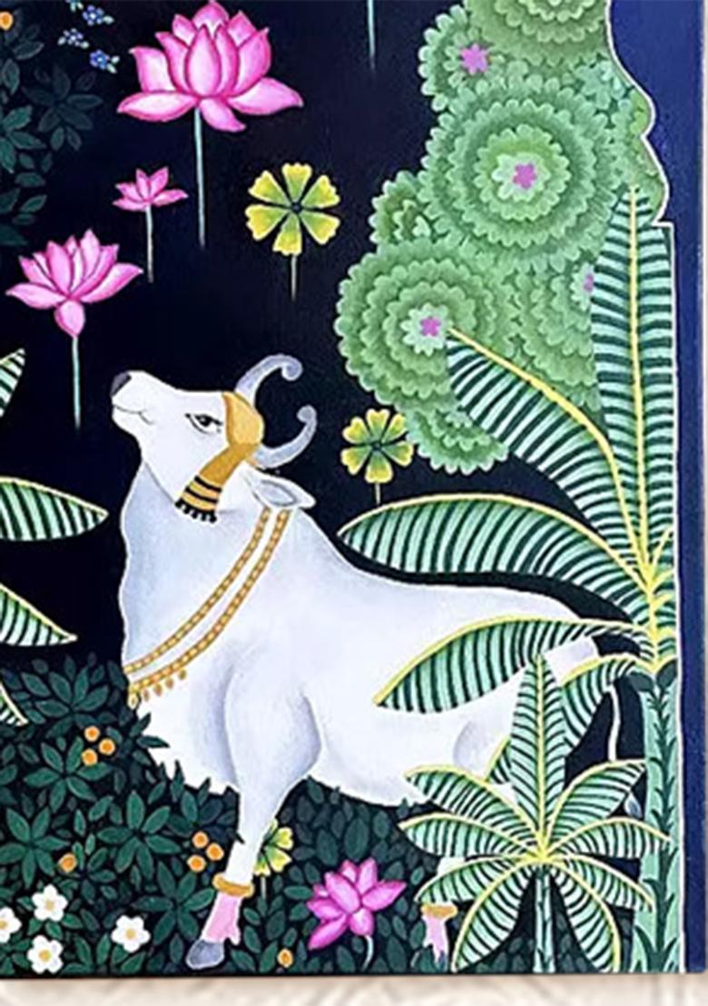 Serene Cow in Floral Grove Traditional Pichwai Painting
