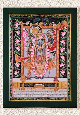Divine Elegance Lord Shrinathji with Lotus and Peacock Pichwai Painting