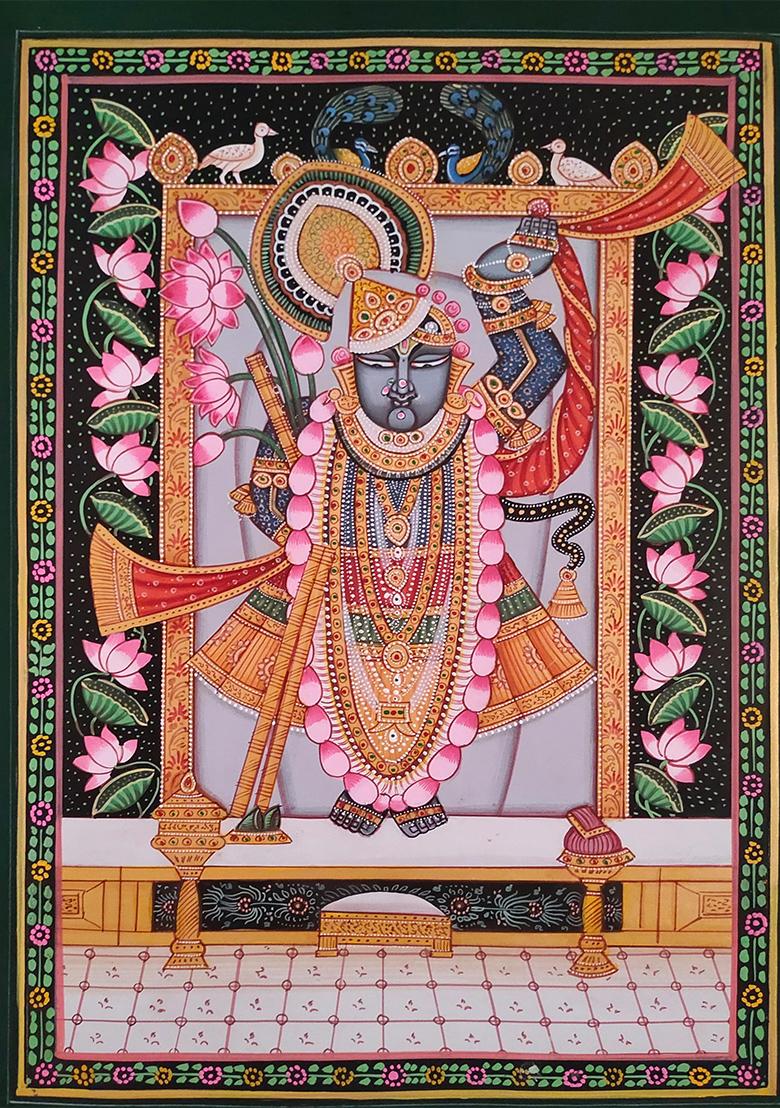 Divine Elegance Lord Shrinathji with Lotus and Peacock Pichwai Painting