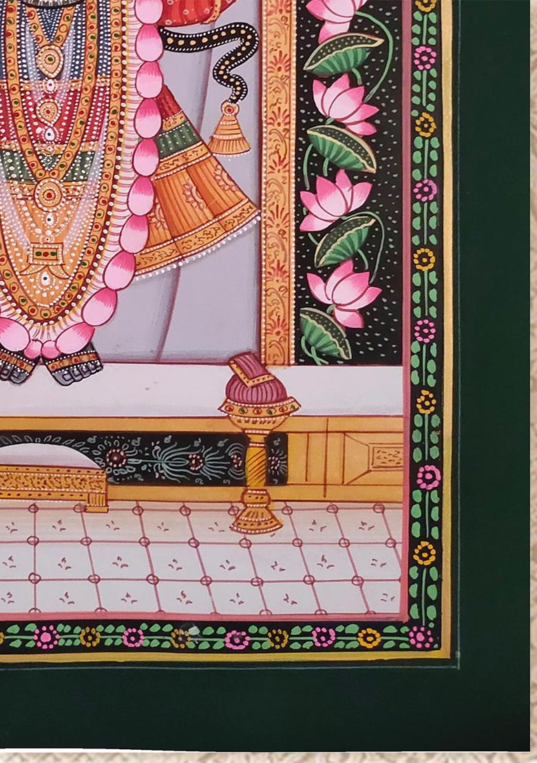 Divine Elegance Lord Shrinathji with Lotus and Peacock Pichwai Painting
