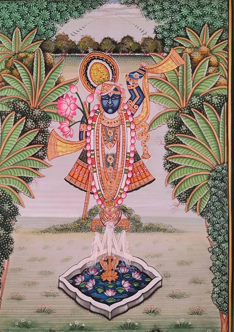 Lord Shrinathji by the Lake Pichwai Painting