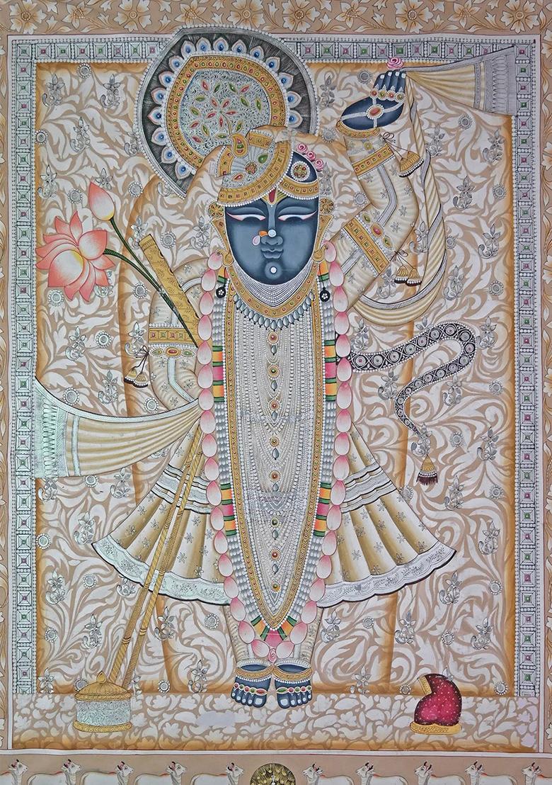 Shrinathji Holding Lotus Pichwai Painting