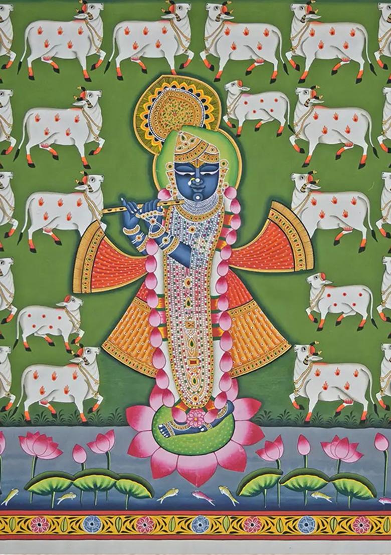 Cow Lover Shrinathji Playing Flute Pichwai Painting
